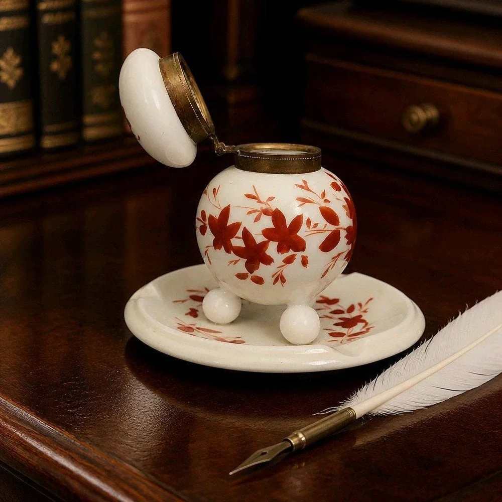 Antique Porcelain Desk Inkwell with Attached Saucer Tray 1900s
